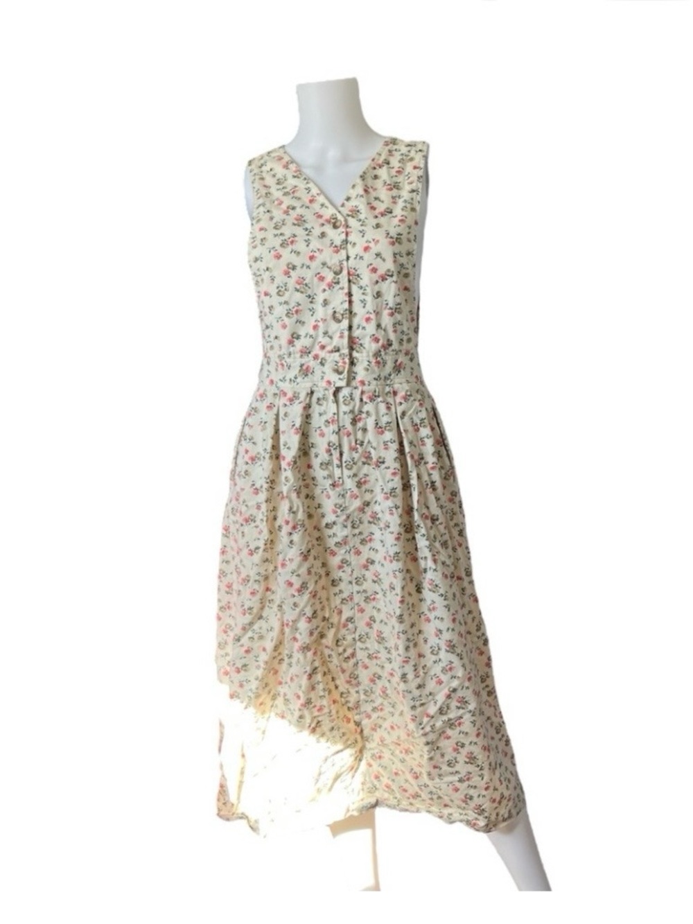 Vintage Sleeveless Cream Floral Button-Front Dress